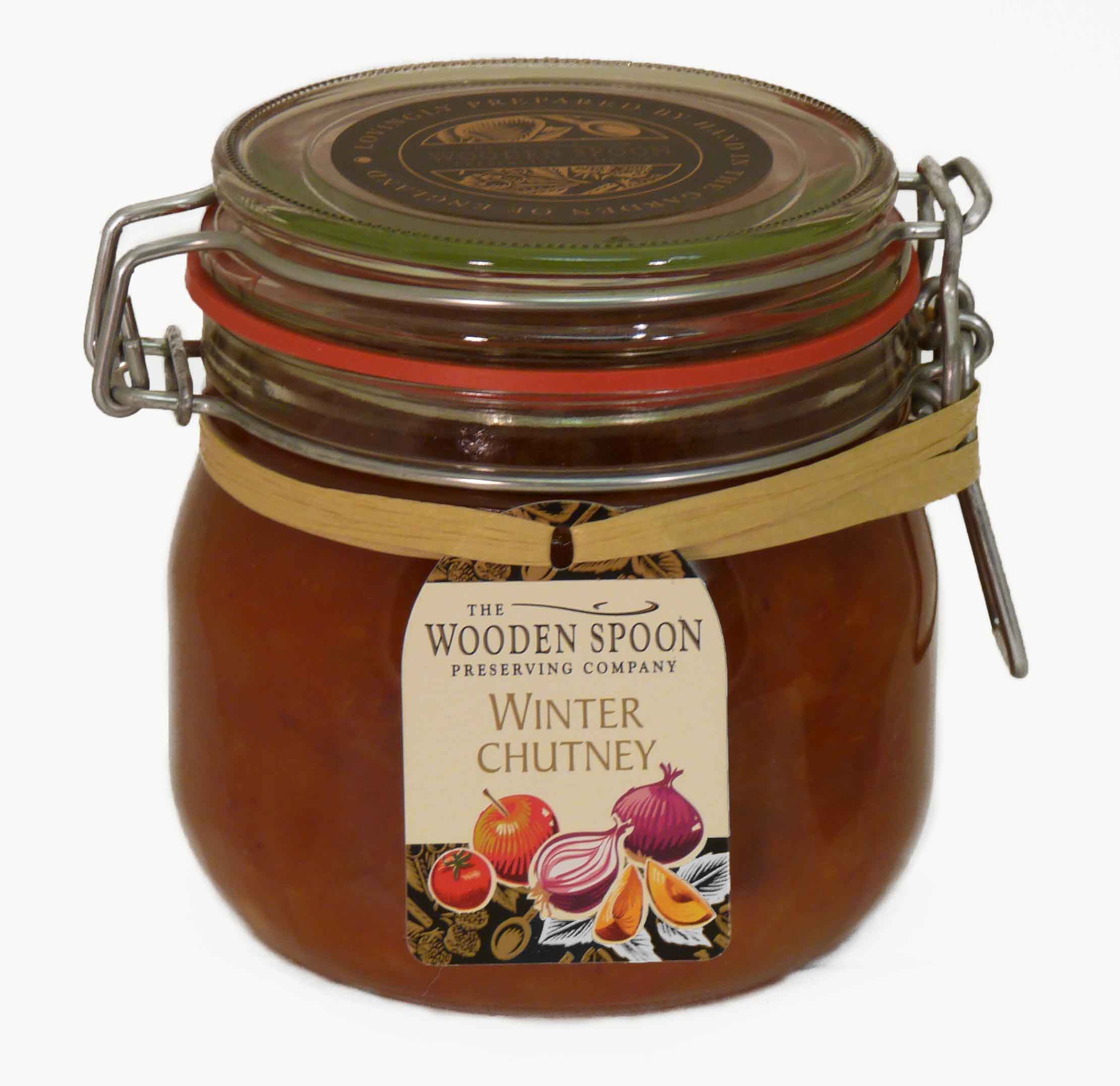 A Warming Winter Chutney with apricots, tomatoes and apples in a large traditional kilner jar.